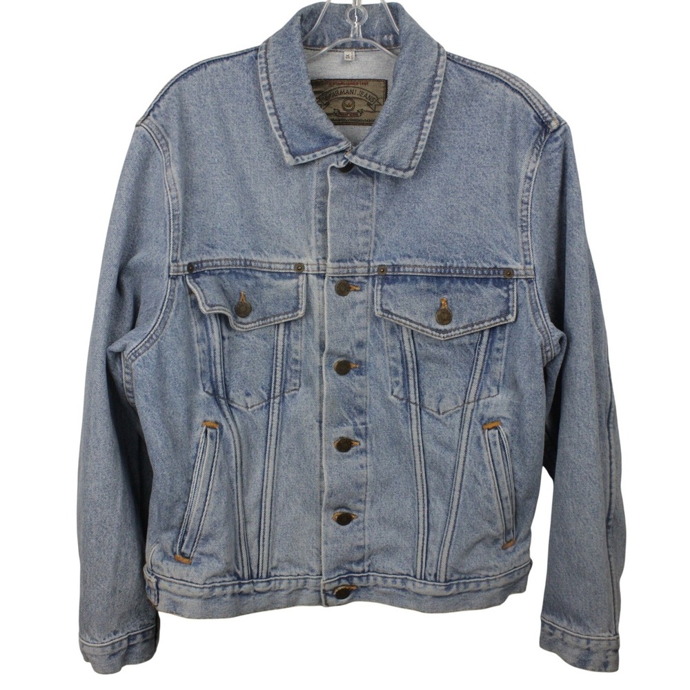 VTG Armani Jeans Denim Trucker Jacket Men's XS Boxy Light Wash Designer 90s